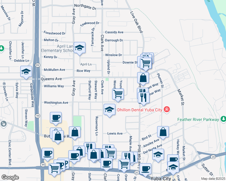 map of restaurants, bars, coffee shops, grocery stores, and more near 1428 Wendell Way in Yuba City