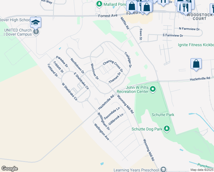 map of restaurants, bars, coffee shops, grocery stores, and more near 6 Westover Drive in Dover