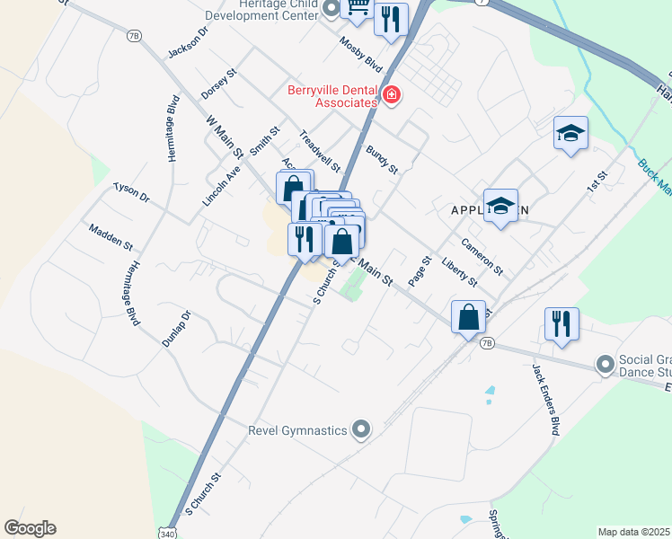 map of restaurants, bars, coffee shops, grocery stores, and more near 112 South Church Street in Berryville
