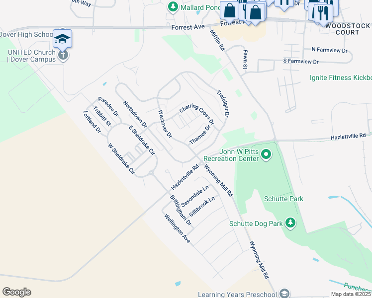 map of restaurants, bars, coffee shops, grocery stores, and more near 6 Westover Drive in Dover