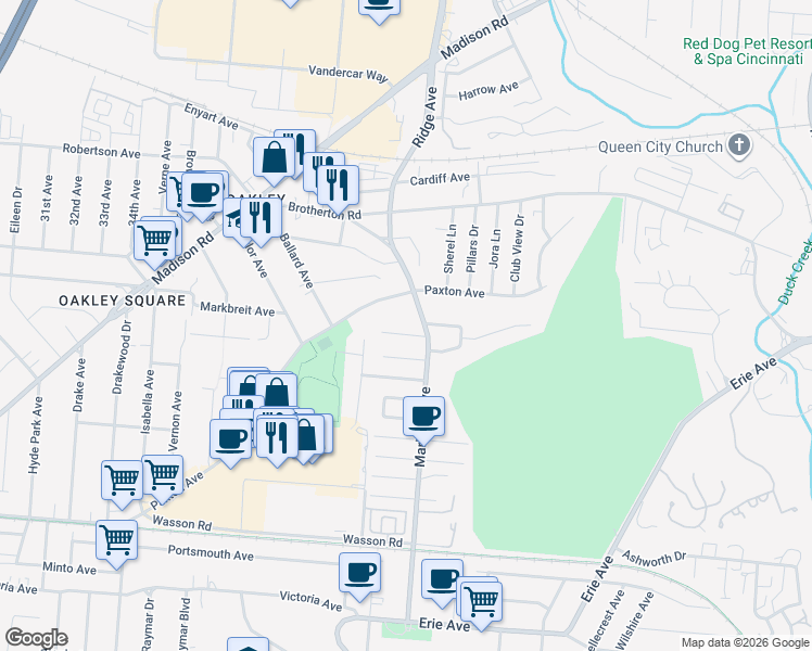 map of restaurants, bars, coffee shops, grocery stores, and more near 3370 Everson Avenue in Cincinnati