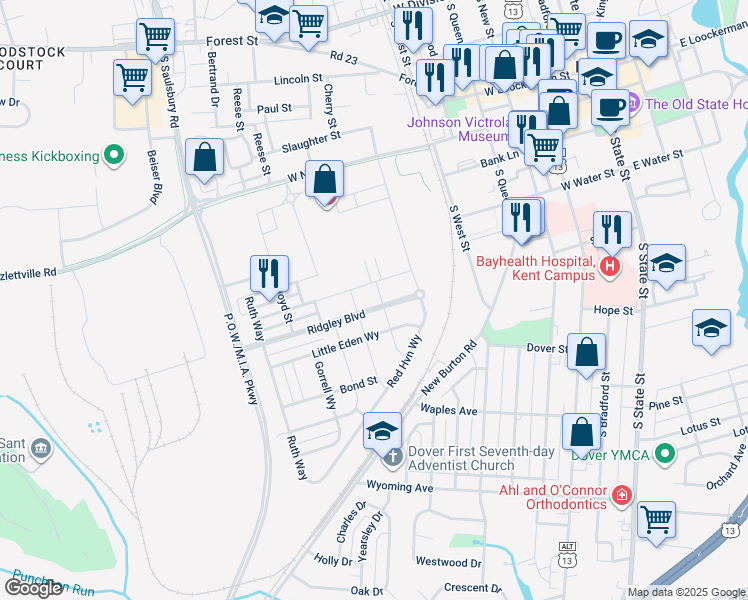 map of restaurants, bars, coffee shops, grocery stores, and more near 208 Ridgley Boulevard in Dover