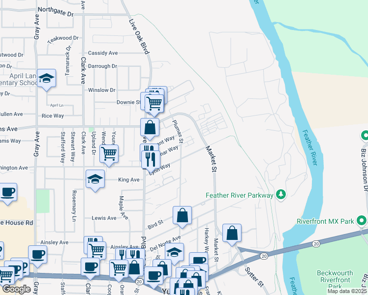map of restaurants, bars, coffee shops, grocery stores, and more near 1321 Plumas Street in Yuba City