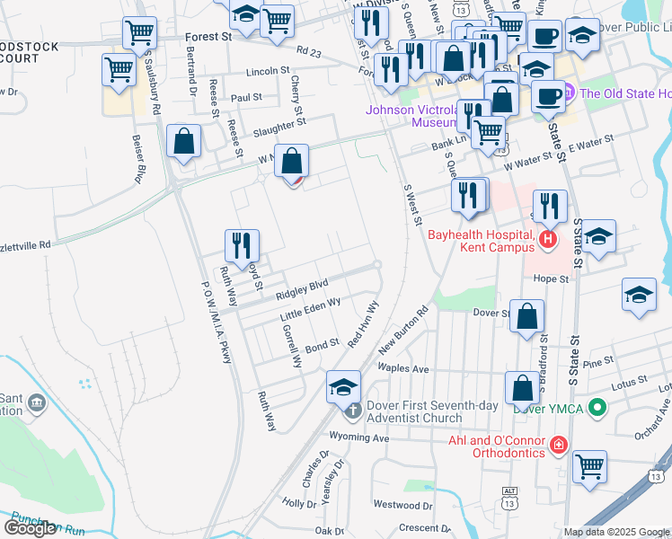 map of restaurants, bars, coffee shops, grocery stores, and more near 208 Ridgley Boulevard in Dover