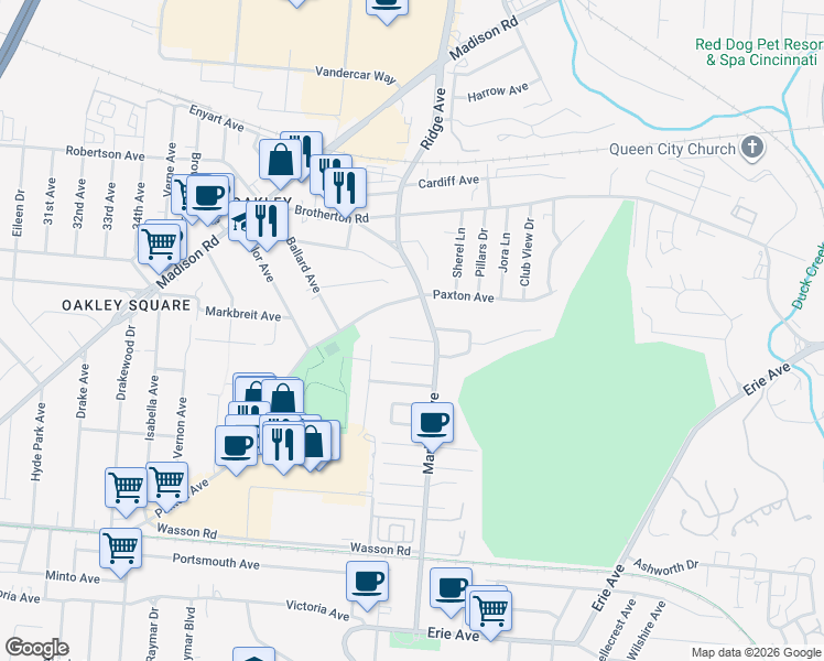 map of restaurants, bars, coffee shops, grocery stores, and more near 3361 Everson Avenue in Cincinnati