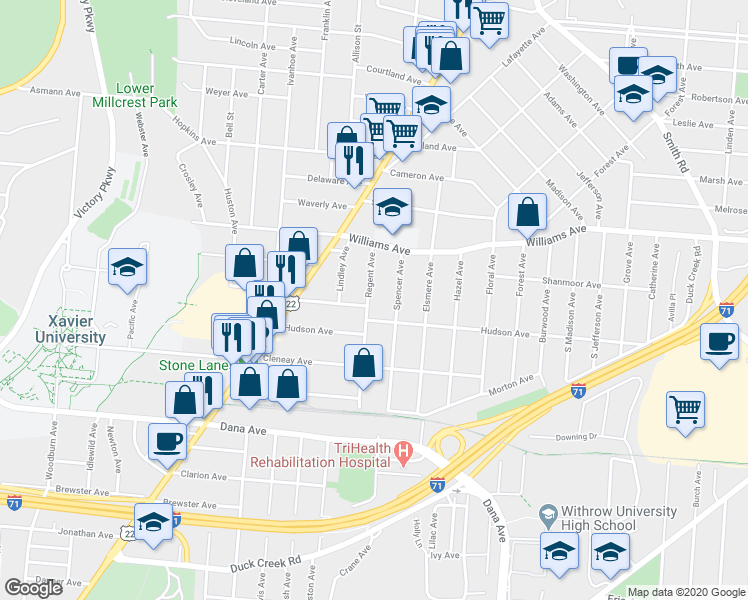 map of restaurants, bars, coffee shops, grocery stores, and more near 3904 Regent Avenue in Cincinnati