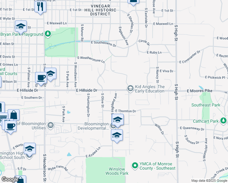 map of restaurants, bars, coffee shops, grocery stores, and more near 1505 South Highland Avenue in Bloomington