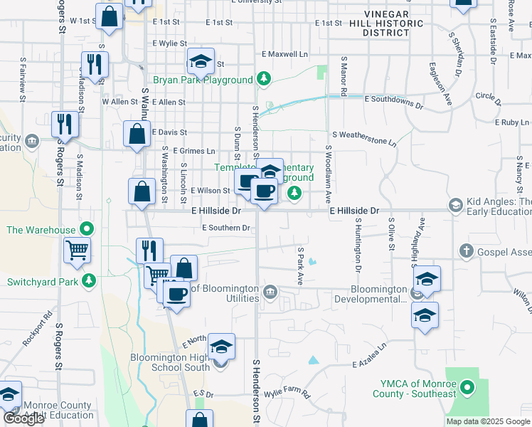 map of restaurants, bars, coffee shops, grocery stores, and more near 606 East Hillside Drive in Bloomington