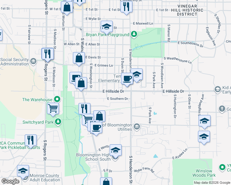 map of restaurants, bars, coffee shops, grocery stores, and more near 425 East Southern Drive in Bloomington