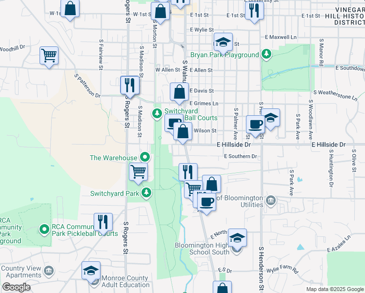 map of restaurants, bars, coffee shops, grocery stores, and more near 1513 South Walnut Street in Bloomington