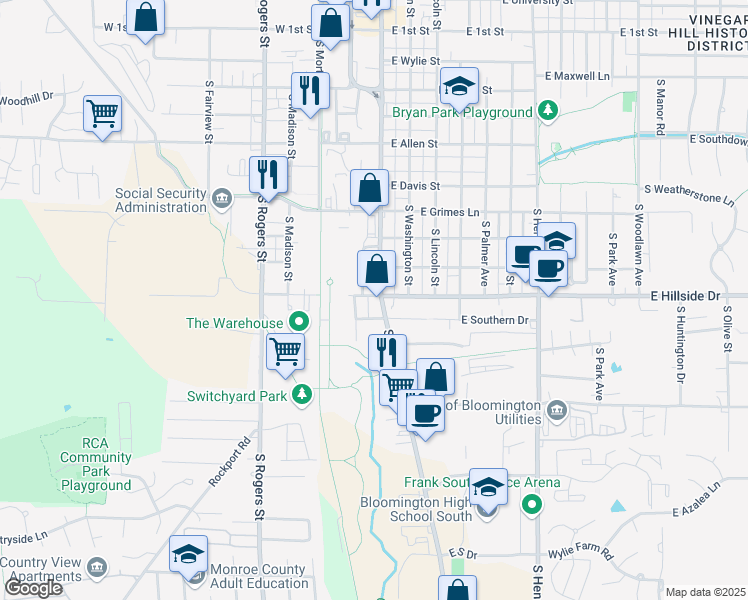 map of restaurants, bars, coffee shops, grocery stores, and more near 1513 South Walnut Street in Bloomington