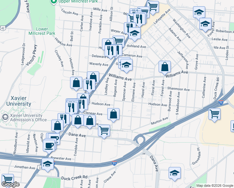 map of restaurants, bars, coffee shops, grocery stores, and more near 3904 Regent Avenue in Cincinnati