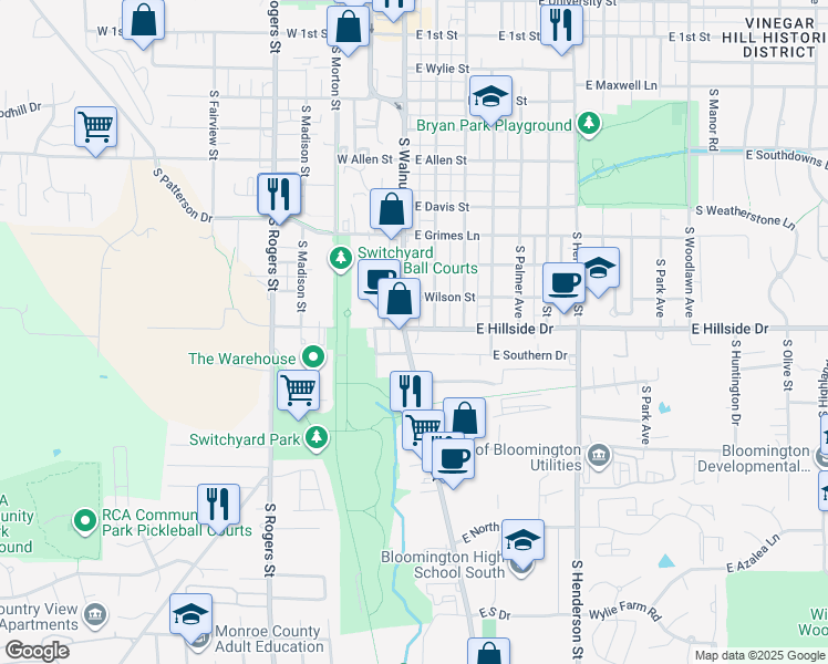 map of restaurants, bars, coffee shops, grocery stores, and more near 1513 South Walnut Street in Bloomington