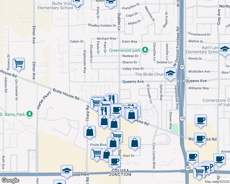 map of restaurants, bars, coffee shops, grocery stores, and more near 1450 Stabler Lane in Yuba City