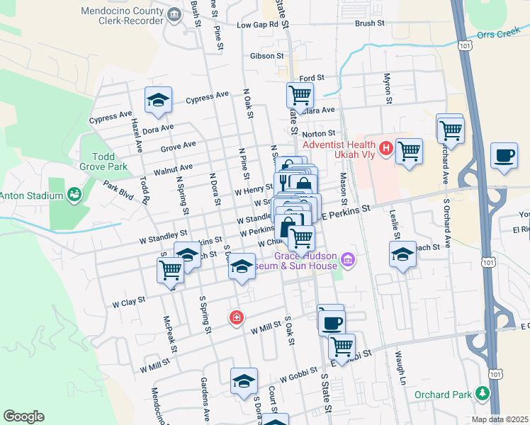 map of restaurants, bars, coffee shops, grocery stores, and more near 224 North Oak Street in Ukiah