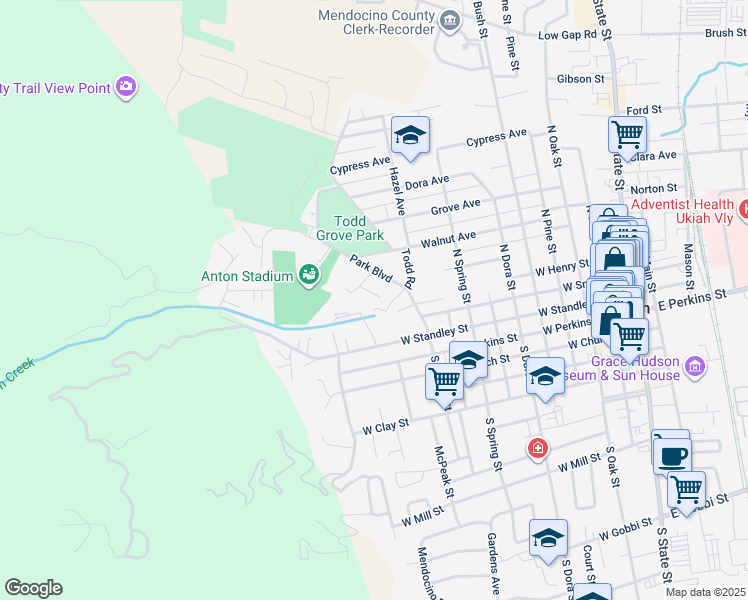 map of restaurants, bars, coffee shops, grocery stores, and more near 212 Park Court in Ukiah