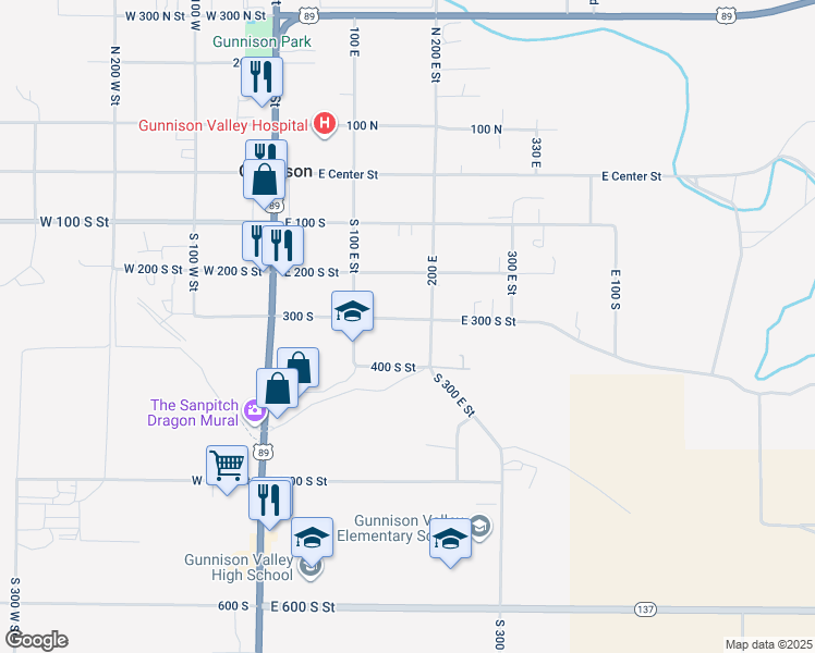 map of restaurants, bars, coffee shops, grocery stores, and more near 160 East 300 South Street in Gunnison