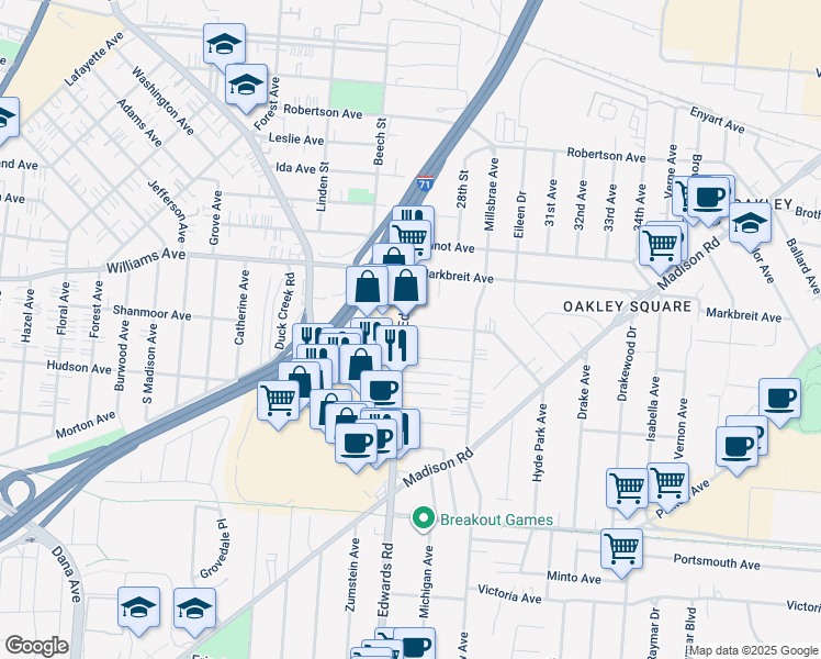 map of restaurants, bars, coffee shops, grocery stores, and more near 3831 Edwards Road in Newtown