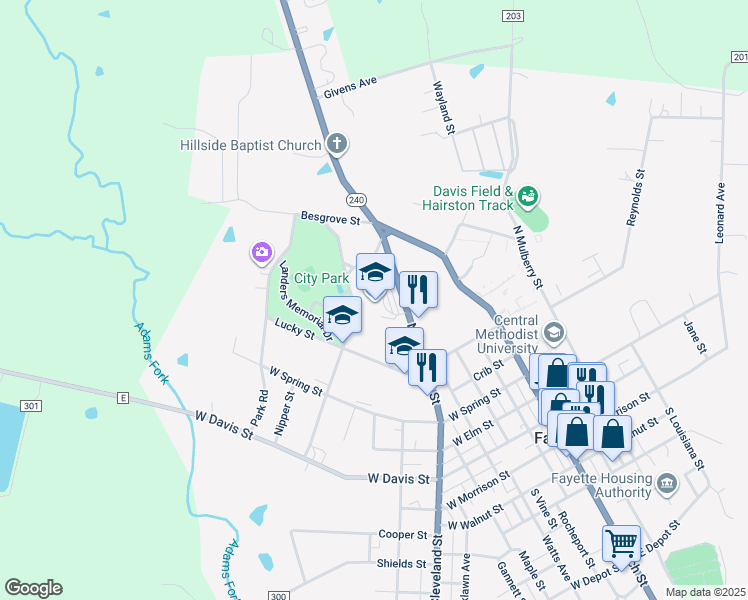 map of restaurants, bars, coffee shops, grocery stores, and more near 510 North Cleveland Street in Fayette