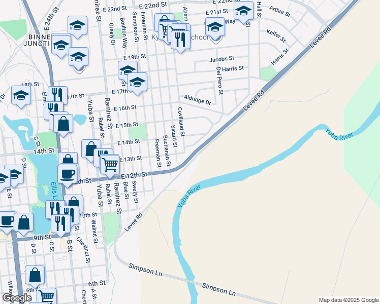 map of restaurants, bars, coffee shops, grocery stores, and more near 1229 Covillaud Street in Marysville