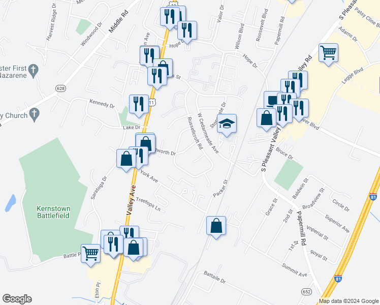 map of restaurants, bars, coffee shops, grocery stores, and more near 414 Wentworth Drive in Winchester