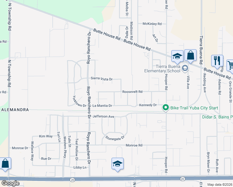 map of restaurants, bars, coffee shops, grocery stores, and more near 3134 Roosevelt Road in Yuba City