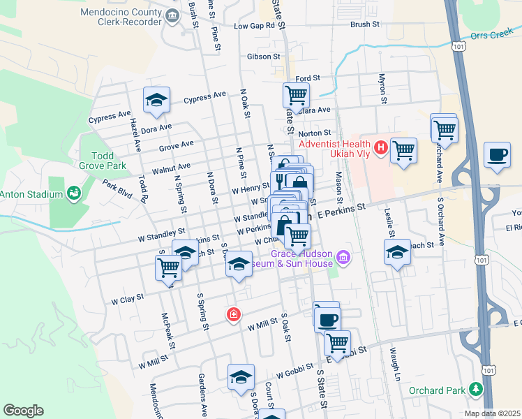 map of restaurants, bars, coffee shops, grocery stores, and more near 224 North Oak Street in Ukiah
