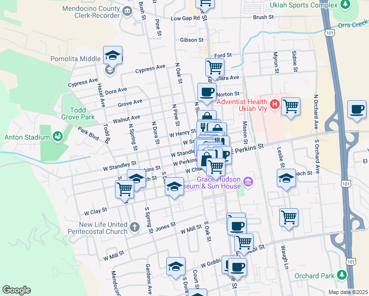 map of restaurants, bars, coffee shops, grocery stores, and more near 300 West Perkins Street in Ukiah