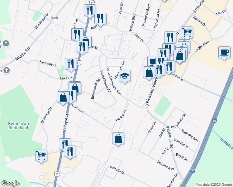 map of restaurants, bars, coffee shops, grocery stores, and more near 201 West Cedarmeade Avenue in Winchester
