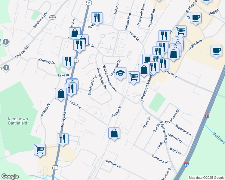 map of restaurants, bars, coffee shops, grocery stores, and more near 201 West Cedarmeade Avenue in Winchester