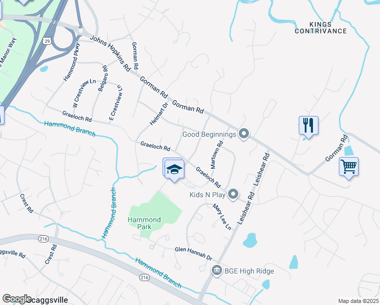 map of restaurants, bars, coffee shops, grocery stores, and more near 8020 Aladdin Drive in Laurel