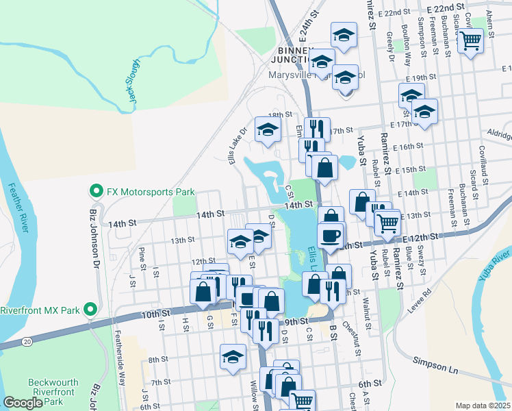 map of restaurants, bars, coffee shops, grocery stores, and more near 1325 E Street in Marysville