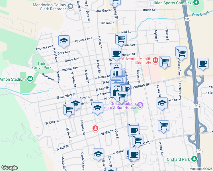 map of restaurants, bars, coffee shops, grocery stores, and more near 300 West Perkins Street in Ukiah