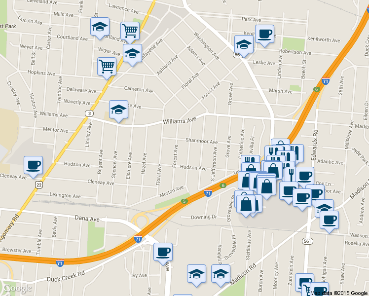 map of restaurants, bars, coffee shops, grocery stores, and more near 3920 Burwood Avenue in Cincinnati