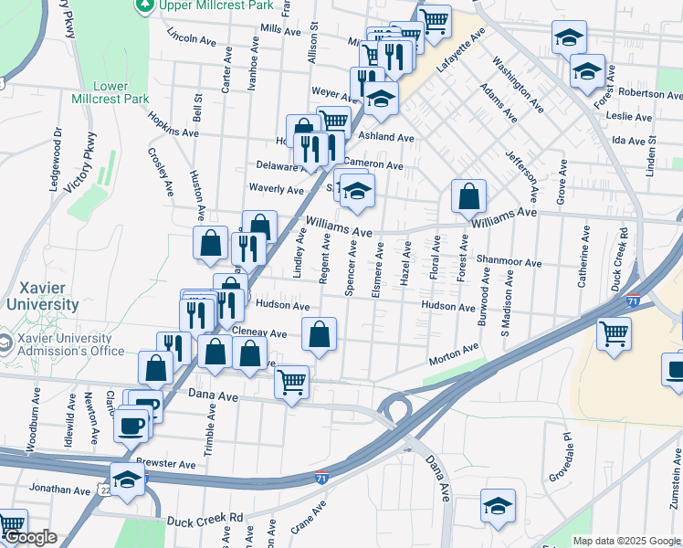 map of restaurants, bars, coffee shops, grocery stores, and more near 3904 Regent Avenue in Cincinnati