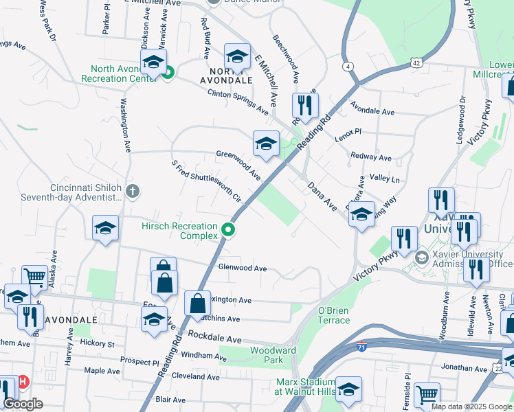 map of restaurants, bars, coffee shops, grocery stores, and more near 811 South Crescent Avenue in Cincinnati
