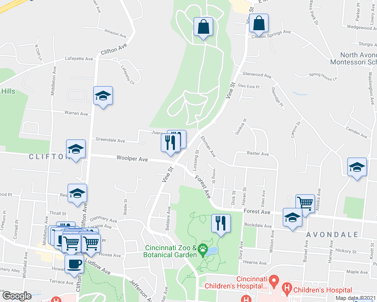 map of restaurants, bars, coffee shops, grocery stores, and more near 3646 Vine Street in Cincinnati