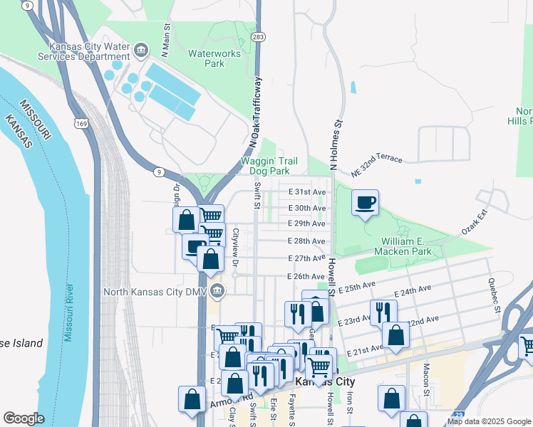map of restaurants, bars, coffee shops, grocery stores, and more near 307 East 29th Avenue in North Kansas City