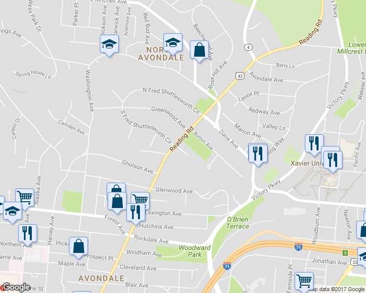 map of restaurants, bars, coffee shops, grocery stores, and more near 3700 Reading Road in Cincinnati