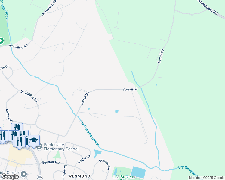 map of restaurants, bars, coffee shops, grocery stores, and more near Cattail Road in Poolesville