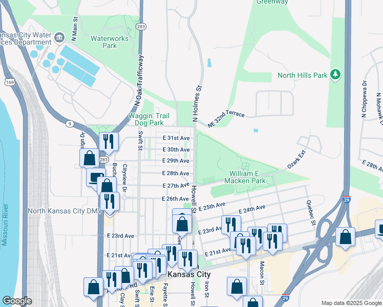 map of restaurants, bars, coffee shops, grocery stores, and more near 2910 Howell Street in North Kansas City