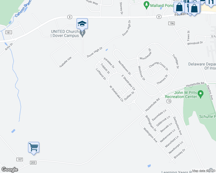 map of restaurants, bars, coffee shops, grocery stores, and more near 168 West Sheldrake Circle in Dover