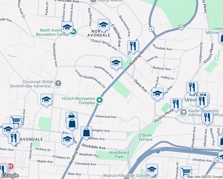 map of restaurants, bars, coffee shops, grocery stores, and more near 3700 Reading Road in Cincinnati