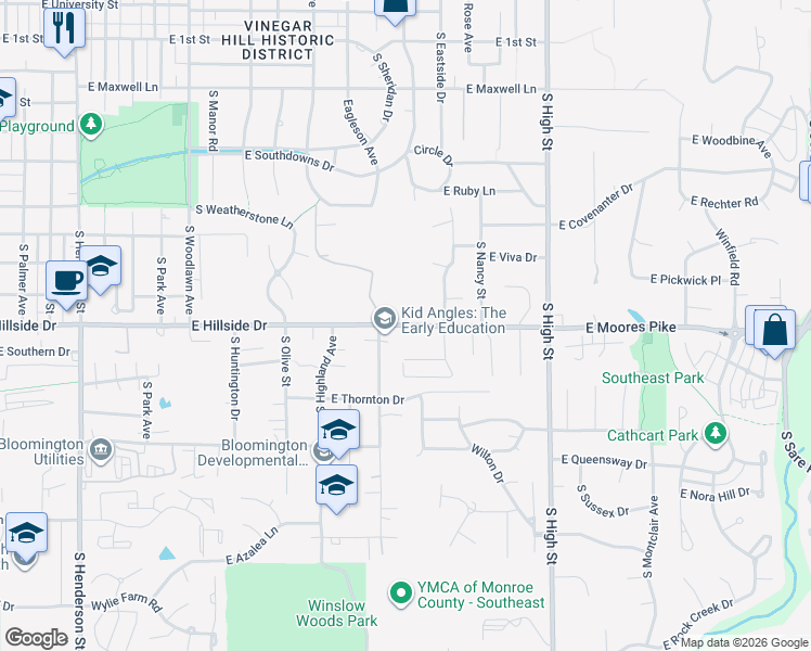 map of restaurants, bars, coffee shops, grocery stores, and more near 1600 East Hillside Drive in Bloomington