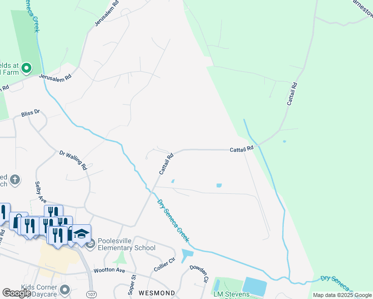 map of restaurants, bars, coffee shops, grocery stores, and more near Cattail Road in Poolesville