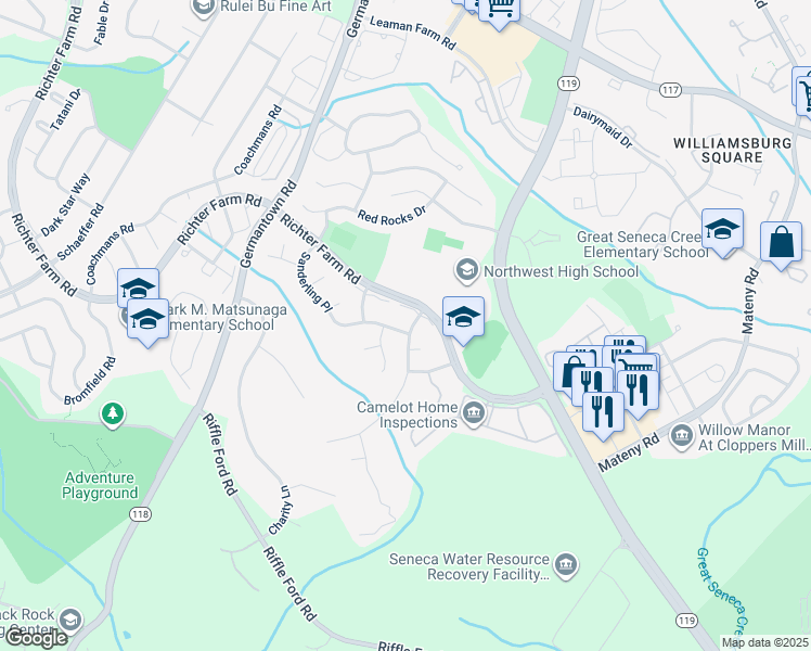 map of restaurants, bars, coffee shops, grocery stores, and more near 17826 Cricket Hill Drive in Germantown