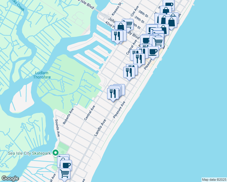map of restaurants, bars, coffee shops, grocery stores, and more near 117 50th Street in Sea Isle City