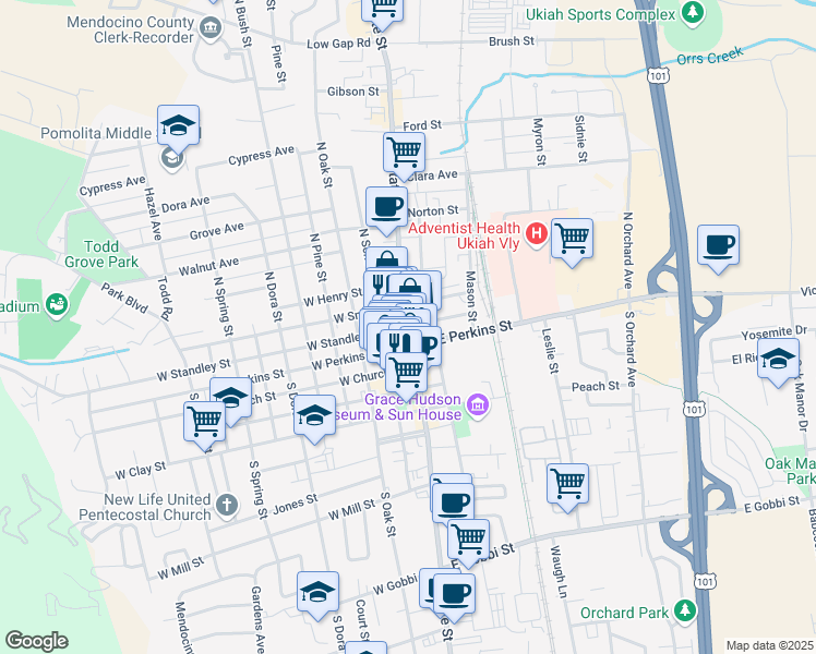 map of restaurants, bars, coffee shops, grocery stores, and more near 102 East Standley Street in Ukiah