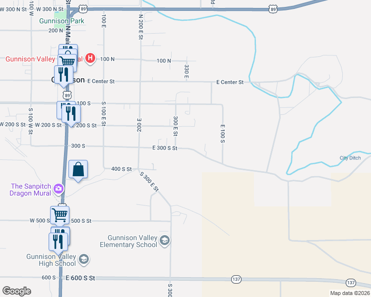map of restaurants, bars, coffee shops, grocery stores, and more near 340 East 300 South Street in Gunnison
