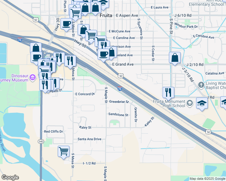 map of restaurants, bars, coffee shops, grocery stores, and more near 537 Greenbriar Street in Fruita